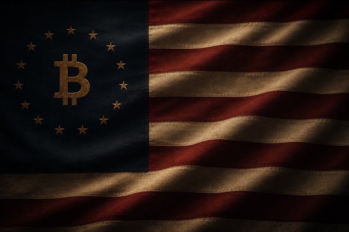 An American flag with muted, weathered tones features a Bitcoin "₿" symbol surrounded by 13 gold stars in place of the traditional 50-star canton. The faded, darker color palette contrasts with a standard flag, visually reinforcing the post's message of a fading American legacy being reimagined through Bitcoin as a modern declaration of financial independence.