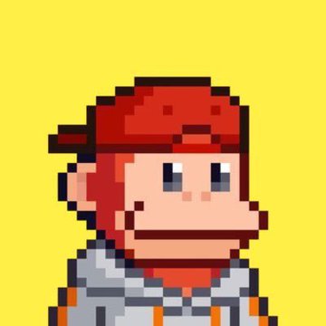 A pixel art avatar of a character with brown hair, wearing a red backwards cap and a white jacket with orange accents, set against a solid yellow background.