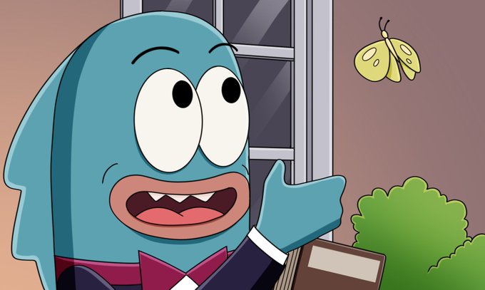 A blue cartoon character with a bow tie points excitedly at a yellow butterfly while holding a briefcase, its wide-eyed expression conveying eager enthusiasm that mirrors the post's message about rewarding "Ferdy power users."
