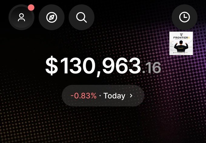 A screenshot of a financial dashboard showing a balance of '$130,963.16' down by '-0.83%' today, with a 'FRONTIER' thumbnail visible in the corner.