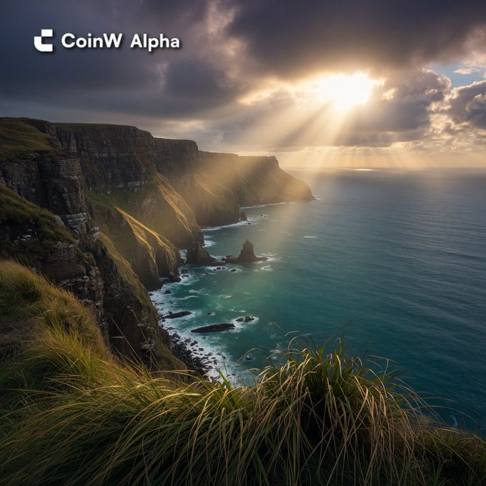 A dramatic coastal cliff landscape at sunset with sunbeams breaking through clouds over the ocean, branded with the "CoinW Alpha" logo in the upper left.