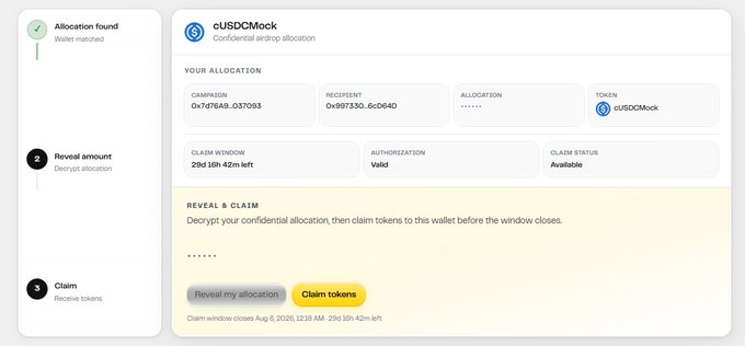 A crypto airdrop claim page for cUSDCMock showing allocation details with commission and recipient addresses, a valid authorization, and buttons to 'Reveal my allocation' or 'Claim tokens' with the claim window showing 29d 16h 42m left.