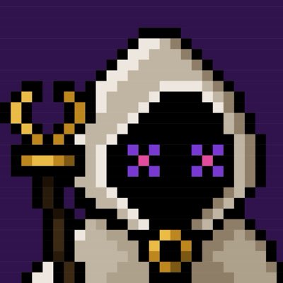 Pixel art illustration of a hooded wizard character with purple pixelated eyes (XX pattern), wearing white and gold robes, and holding a gold staff against a dark purple background.