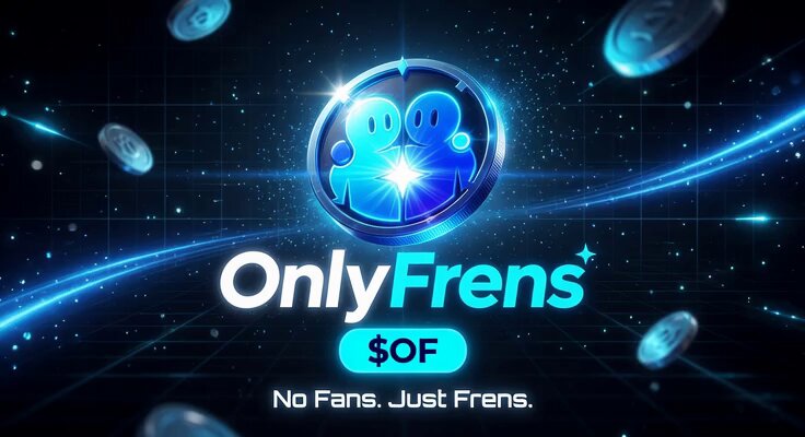 The image features a banner for "OnlyFrens" with a blue background, white text, and a circular logo of two people standing next to each other. The text below the logo reads "No Fans. Just Frens." and "No fans. Just frens.", which suggests that the platform is focused on attracting only dedicated fans who are interested in the content being shared by others.