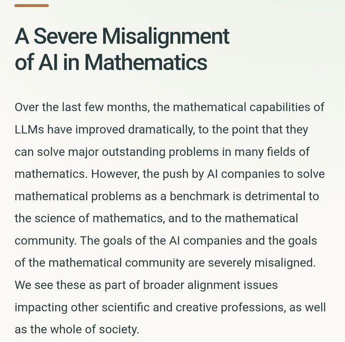 An article titled 'A Severe Misalignment of AI in Mathematics' discusses how AI companies' push to solve mathematical problems as a benchmark is detrimental to the field.