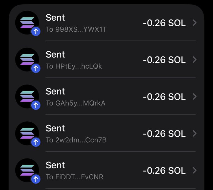Screenshot of a crypto transaction history showing five successful sends of -0.26 SOL each to different recipients (998XS...YWX1T, HPtEy...hcLQk, GAh5y...MQrkA, 2w2dm...Ccn7B, FiDDT...FvCNR), corresponding to the $20 SOL giveaway winners announced in the post.
