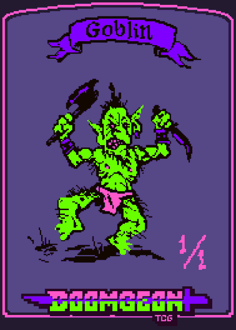 A pixel-art trading card featuring a green goblin character holding weapons, with a purple banner reading 'Goblin' at the top, 'DOOMCOON' at the bottom, and a '1/1' marking on the right.