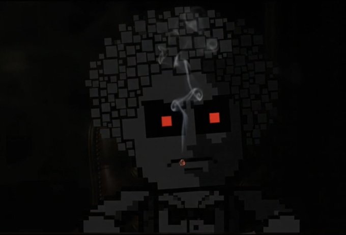A dark pixelated image of a Minecraft-style character with glowing red eyes and smoke emanating from their face.