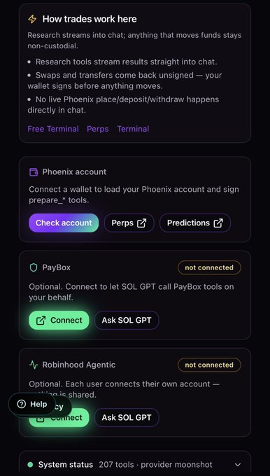 A screenshot explaining how trades work on a chat platform, mentioning 'Research streams into chat; anything that moves funds stays non-custodial' and showing connection options for 'Phoenix account', 'PayBox', and 'Robinhood Agentic'.