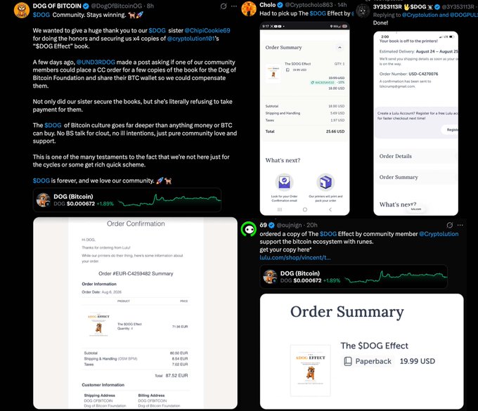 The image is a collage of tweets showing community members celebrating the purchase of "The $DOG Effect" first edition book, with order confirmations from Lulu displaying a 19.99 USD price for the paperback, supporting the DOG community's praise for their sister @ChipiCookie69 for securing 34 copies through cryptoartist @cryptolution10's BTC donation.