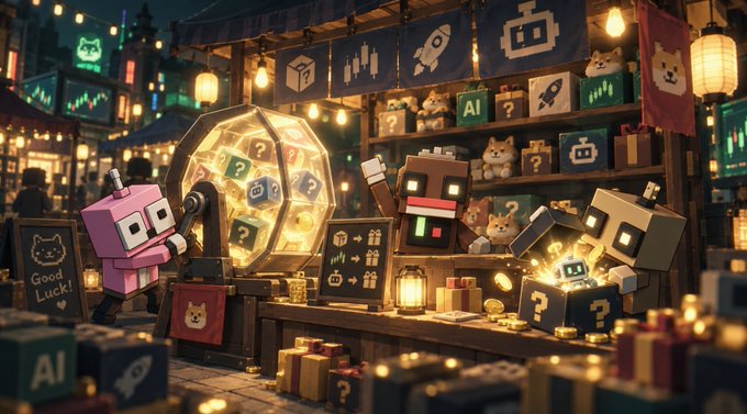 A whimsical 3D pixel-art market scene with robot characters, a spinning prize wheel, and blocky cat decorations labeled 'AI'.