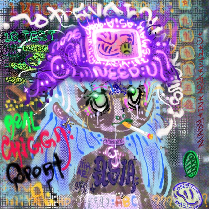 A colorful graffiti-style digital illustration features a blue-haired anime character with glowing green eyes smoking a cigarette, overlaid with chaotic text including 'PONY', 'CHIGGS', 'BOOST', and various Asian script against vibrant purple and neon backgrounds.