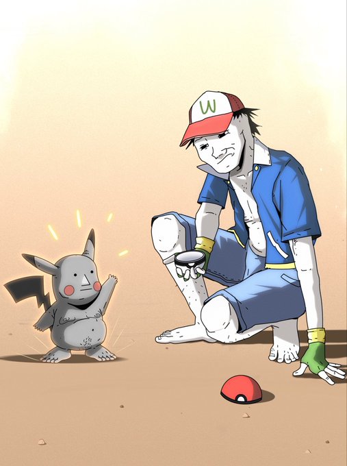 An illustration of a Pokémon trainer in a red and white cap kneeling on sandy ground next to a Pikachu holding a cup, with a Pokéball on the ground between them.