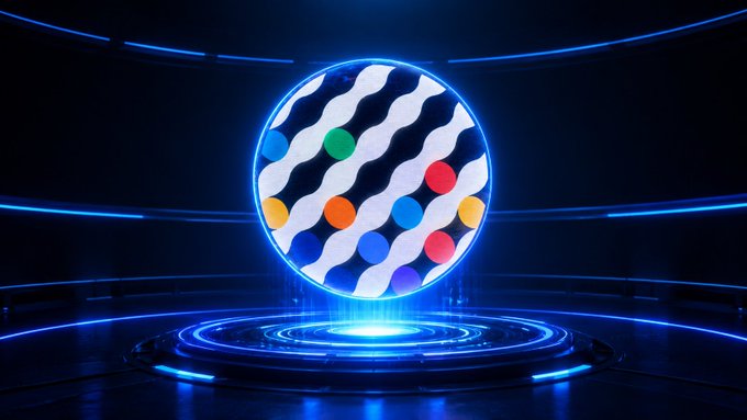 A glowing, spherical emblem with wavy white lines and colorful dots (green, red, blue, yellow, orange) set against a dark, futuristic background with blue neon rings.