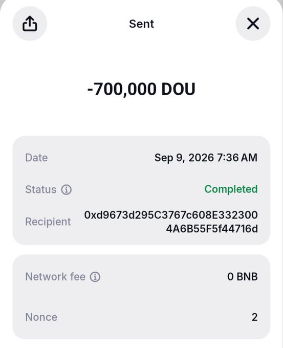 A digital wallet transaction confirmation screen showing a completed transfer of -700,000 DOU sent on Sep 9, 2026, with a 0 BNB network fee.