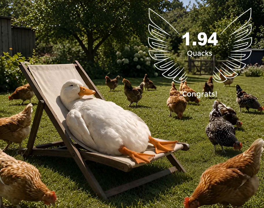 The image features a duck lounging on an outdoor patio chair among chickens, which are pecking around the area. The caption states that someone has shared this photo on Twitter with a quote about Bitcoin prices dropping below $63K or market panic. One of the persons sharing the post is identified as @wallchain.