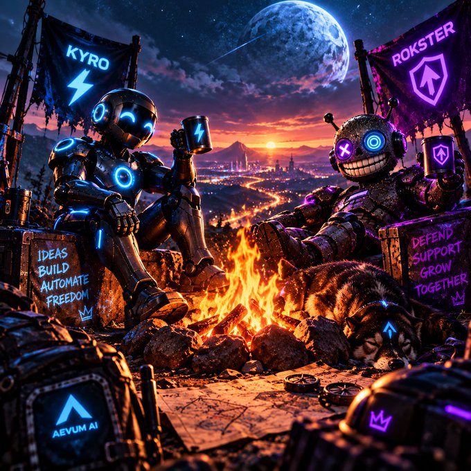A digital artwork depicting two robots sitting around a campfire under a large moon; the blue robot sits under a "KYRO" banner with "IDEAS BUILD AUTOMATE FREEDOM," while the purple robot sits under a "ROKSTER" banner with "DEFEND SUPPORT GROW TOGETHER," and an "AEVUM AI" logo appears at the bottom.