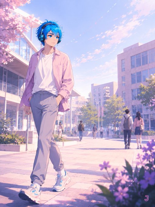 An anime-style illustration of a blue-haired character wearing headphones, a pink open shirt, and light blue pants, walking through a sunlit campus courtyard with cherry blossoms in bloom.