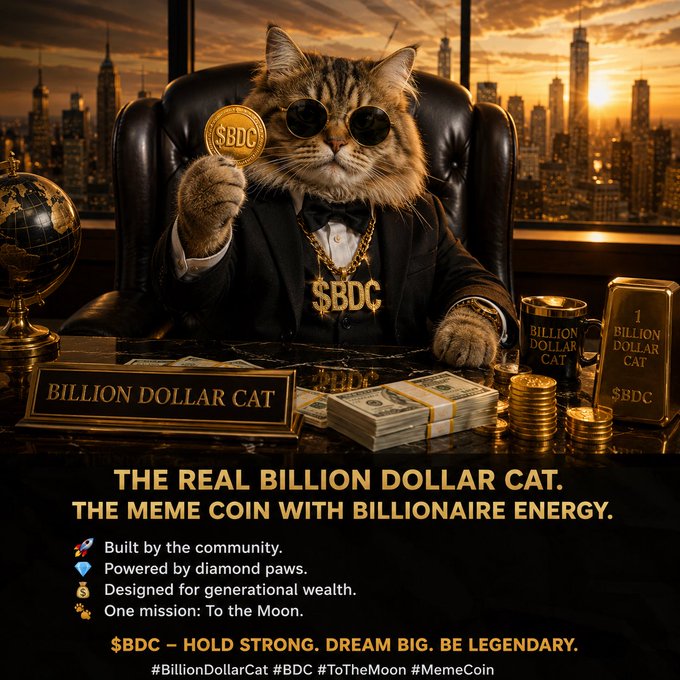A meme coin advertisement for $BDC ($Billion Dollar Cat) featuring a cat in a suit holding a coin, with text: 'THE REAL BILLION DOLLAR CAT. THE MEME COIN WITH BILLIONAIRE ENERGY.'