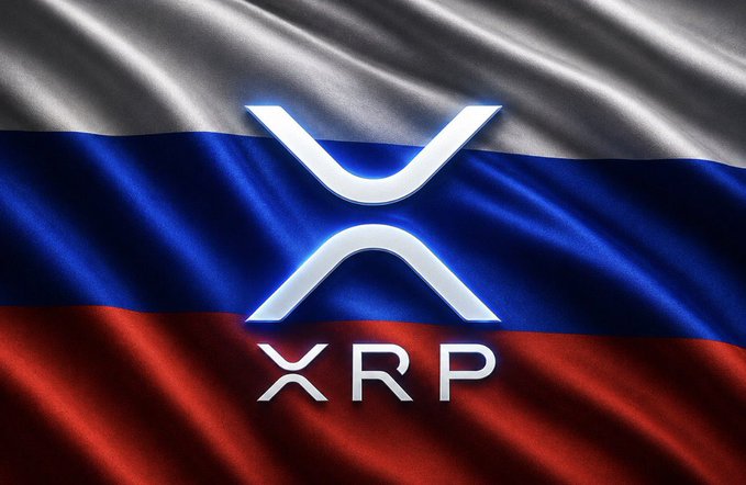 The image features a close-up of an XRP logo displayed against a flag with red, white, and blue colors. The XRP logo is positioned at the center of the image, surrounded by the flag's colors. The background of the image is blurred, drawing attention to the XRP logo and its connection to the Russian flag.