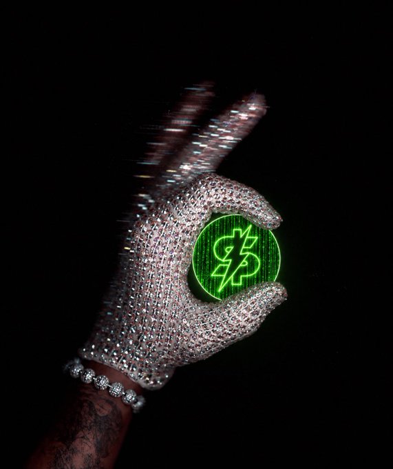 The image features a hand wearing silver gloves, holding up a green neon-lit coin with the symbol "SPIKE" written on it. The caption of the image reads "$SPIKE - through the bond, and beyond! CA: EraSTMYhcrHd7xHerf2u3SWTSxVopoGhTYcsFun6pump #solana #web3 #altcoin #crypto". This post seems to be related to a coin or cryptocurrency, as indicated by the green neon-lit coin symbol.
