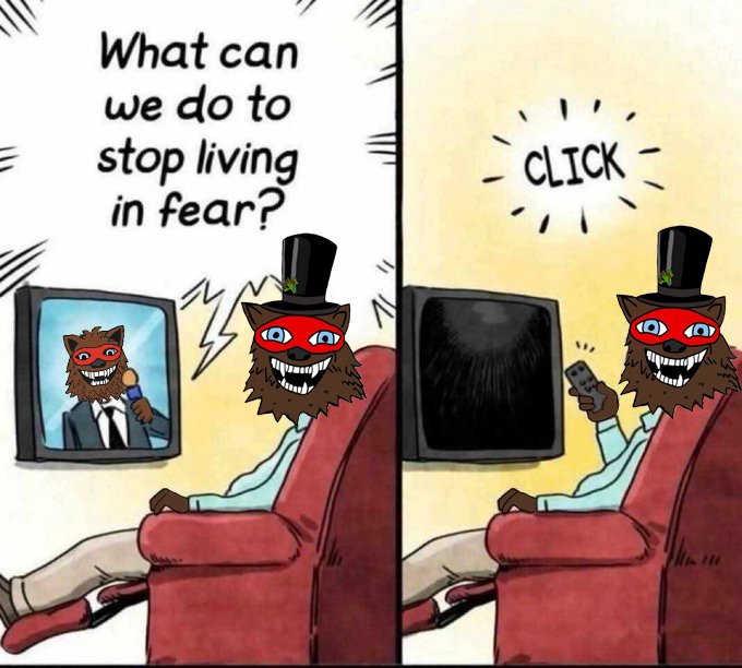 A two-panel cartoon showing a furry masked character in a top hat sitting on a couch; the left panel asks "What can we do to stop living in fear?" while the character changes the channel to one labeled "CLICK" in the right panel.