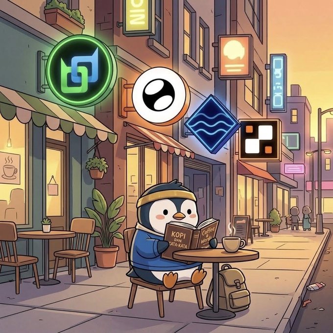 A cartoon illustration of a penguin wearing a headband and blue sweater sitting at a cafe table reading a book titled "KOPI KATA KATA", surrounded by floating cryptocurrency logos and various store signs.