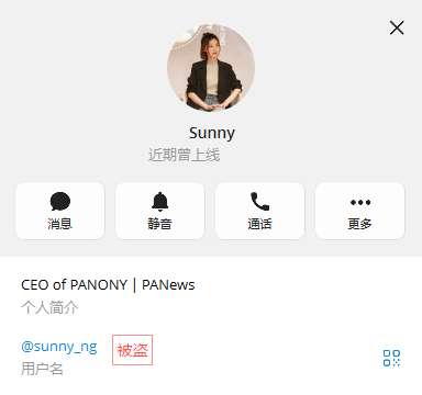 A profile screen for "Sunny" showing a photo of a woman in a suit, with the bio "CEO of PANONY | PANews" and her username "@sunny_ng" tagged with a "被盗" (stolen) indicator.