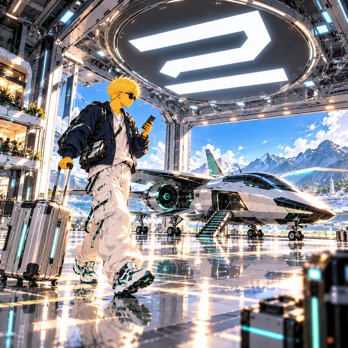 An anime-style illustration of a blonde youth wearing sunglasses, carrying a suitcase and holding a phone, standing in a futuristic sci-fi terminal with a sleek aircraft visible in the background.