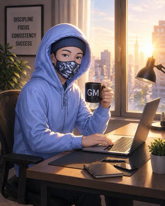 An illustration of a person wearing a blue hoodie, a beanie, and a skull face mask, working on a laptop and holding a mug labeled 'GM', with a framed poster behind them reading 'DISCIPLINE FOCUS CONSISTENCY SUCCESS'.