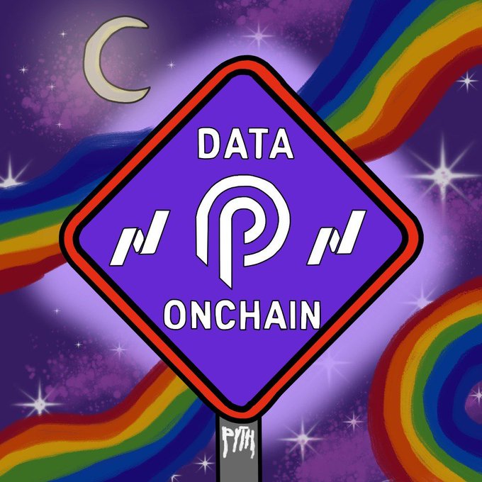 The user wants a concise 1-2 sentence caption describing the image.
I need to identify key visual elements and text.
- **Central Object:** A purple diamond-shaped sign, resembling a road sign.
- **Text on Sign:** "DATA" at the top, "ONCHAIN" at the bottom.
- **Logo on Sign:** A central white logo that looks like a stylized 'P' inside a circle (the Pyth Network logo), flanked by two white 'N' shapes (likely representing Nasdaq or a similar entity, though the text says "Nasdaq TotalView"). Wait, looking closer at the logo, it's the Pyth Network logo (the 'P' in a circle) and the 'N' shapes are likely stylized Nasdaq logos or just abstract shapes. The prompt text mentions "@PythNetwork" and "Nasdaq TotalView". The 'N' shapes look like the Nasdaq logo (which is an 'N' with