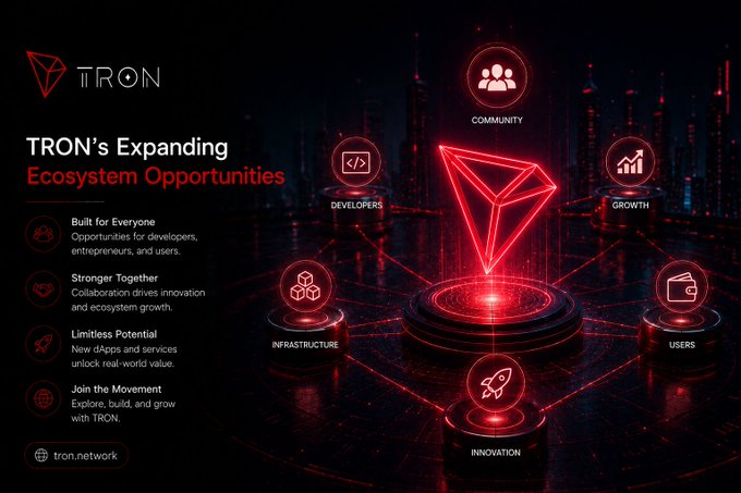 A marketing image for TRON's ecosystem highlights six pillars—Community, Developers, Growth, Users, Innovation, and Infrastructure—with the URL tron.network displayed.