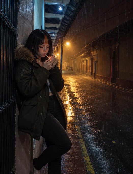 A young woman in an olive green parka with fur hood and black pants leans against a wall in a rainy alleyway at night, lighting a cigarette under the warm glow of a streetlamp.