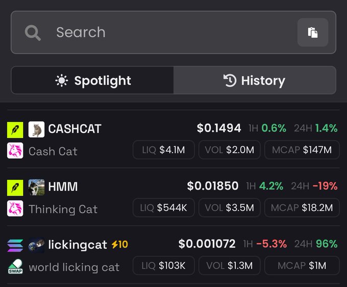 The image shows a dark-themed cryptocurrency tracking interface displaying three cat-related meme tokens: CASHCAT at $0.1494 (MCAP $147M), Thinking Cat (HMM) at $0.01850 (MCAP $18.2M), and world licking cat at $0.001072 (MCAP $1M), with various liquidity, volume, and percentage change metrics. The post's caption argues these cat tokens represent market inefficiency—particularly noting that lickingcat has a significantly smaller market cap ($1M) compared to the others, suggesting it may be undervalued and due for a "re-pricing" to align with the higher-valued cat tokens.