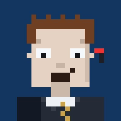 A minimalist pixel art portrait depicts a man with brown hair wearing a dark suit with a gold tie, set against a solid dark blue background.