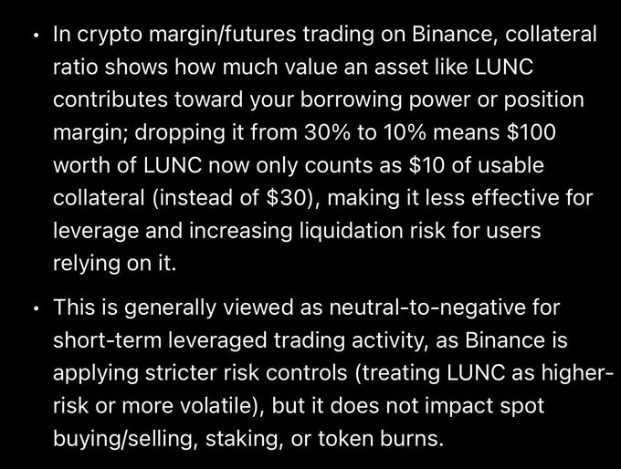 Text explaining Binance's crypto margin/futures collateral ratio reduction for LUNC from 30% to 10%, noting it increases liquidation risk for leveraged traders but doesn't affect spot trading, staking, or token burns.