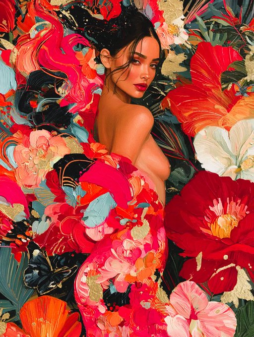 A vibrant, highly stylized digital illustration or painting of a woman surrounded by large, colorful red and pink flowers.