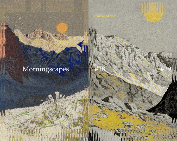 A split artistic landscape image titled "Morningscapes" by "tansenl.xyz" showing stylized mountain scenes labeled #18 and #29 with abstract yellow sun elements.