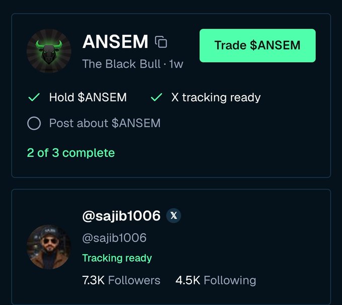 A profile page for the $ANSEM token, referred to as 'The Black Bull', showing a checklist with 'Hold $ANSEM' and 'X tracking ready' completed, alongside the handle @sajib1006.
