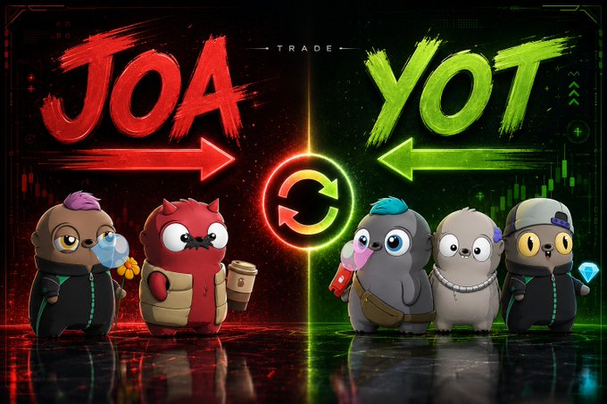 The image shows a stylized "TRADE" graphic featuring two groups of cartoon characters: a red "JOA" mascot holding a bubble tea and a red devil-like creature with a coffee cup, facing off against a green "YOT" group of four characters including a seal with bubble tea, a hamster, and a cat holding a diamond, with exchange arrows between them. The split red/green color scheme and trading arrows directly reflect the post's mention of a trade with @yotdog69, visually symbolizing the successful swap of "missing badges" between the JOA and YOT communities.