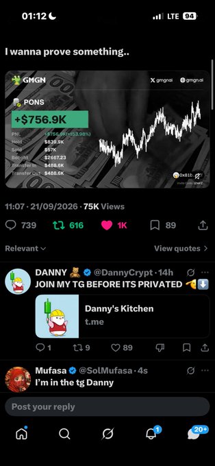 A screenshot of a social media feed (X/Twitter) showing a post titled 'I wanna prove something..' featuring a GMGN chart for the token 'PONS' showing a price increase of +$756.9K, posted at 11:07 on 21/09/2026.