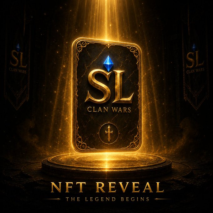 A glowing gold "SL Clan Wars" card is revealed on a pedestal beneath radiant light, announcing the "NFT Reveal - The Legend Begins" for the 3,333 NFT collection launch. The image visually captures the moment of unveiling referenced in the post, with banners flanking the card to amplify the grand, ceremonial debut.