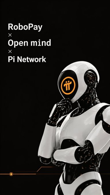 A promotional graphic featuring a white humanoid robot with a Pi Network logo on its face, alongside text 'RoboPay x Open mind x Pi Network'.