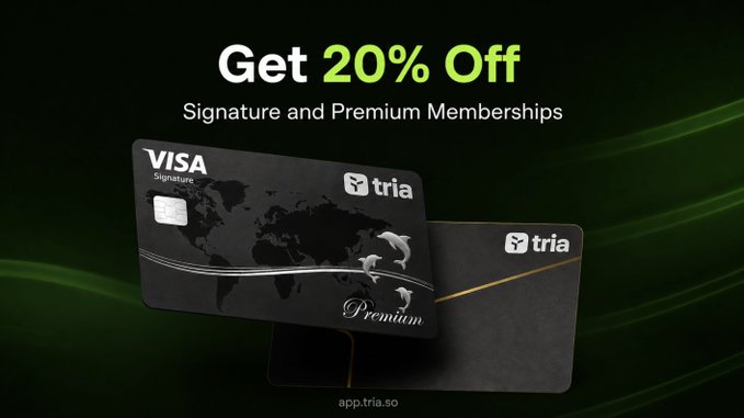 A promotional advertisement for 'tria' offering '20% Off Signature and Premium Memberships,' featuring two black credit cards (one Visa Signature) with a world map design.