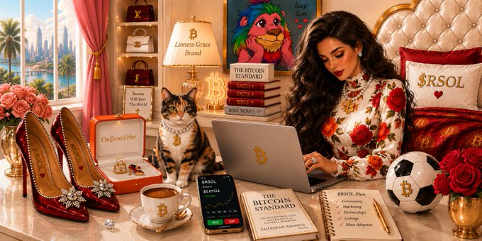 A surreal digital illustration of a woman in a floral dress working on a Bitcoin-branded laptop, surrounded by crypto-themed luxury items including a $RSOL pillow, a 'Lioness Grace Brand' lamp, and a cat wearing a Bitcoin necklace.