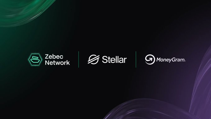 Three company logos are displayed against a dark background: "Zebec Network" in green, "Stellar" in white, and "MoneyGram" in white.