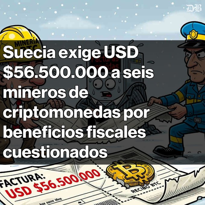 A Spanish-language illustration with the headline 'Suecia exige USD $56.500.000 a seis mineros de criptomonedas por beneficios fiscales cuestionados', depicting cartoon miners, a sweating computer, and a Bitcoin-related invoice.