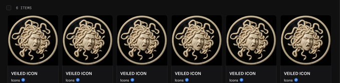 A row of six identical golden Medusa head icons displayed in a dark-themed interface, each labeled 'VEILED ICON' with the '6 ITERS' header visible at the top.