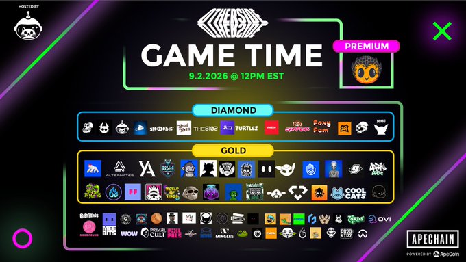 A promotional graphic announces 'DIMENSION LABS GAME TIME' scheduled for 9.2.2026 at 12PM EST, displaying Diamond, Gold, and Bronze tier sponsor logos including ApeChain.