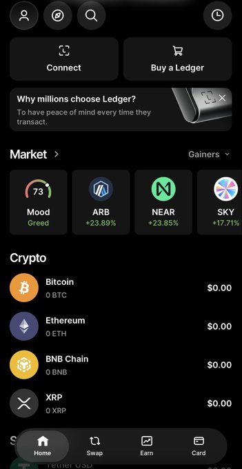 A screenshot of the Ledger crypto wallet app interface, showing sections for 'Connect', 'Buy a Ledger', a 'Market' with gainers like Mood (+23.89%) and NEAR (+23.85%), and a 'Crypto' portfolio list showing $0.00 balances for Bitcoin, Ethereum, BNB Chain, and XRP.